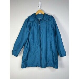 LL Bean Womens Sz M Full Double Zipper Hooded Blue Green Lined Rain Coat